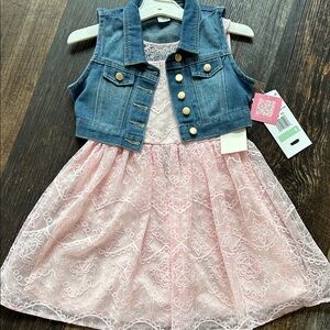 Rare Editions Pink Lace Dress with Blue Denim Vest NWT